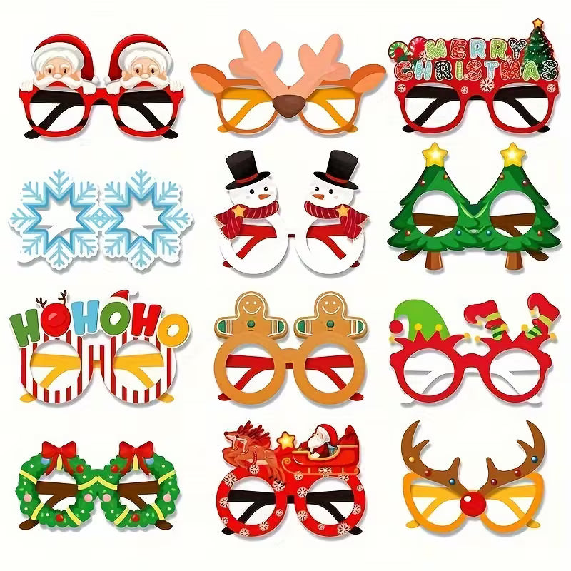 12pcs Christmas Party Glasses Props – Santa, Snowflake & Reindeer Designs