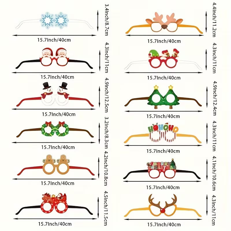 12pcs Christmas Party Glasses Props – Santa, Snowflake & Reindeer Designs