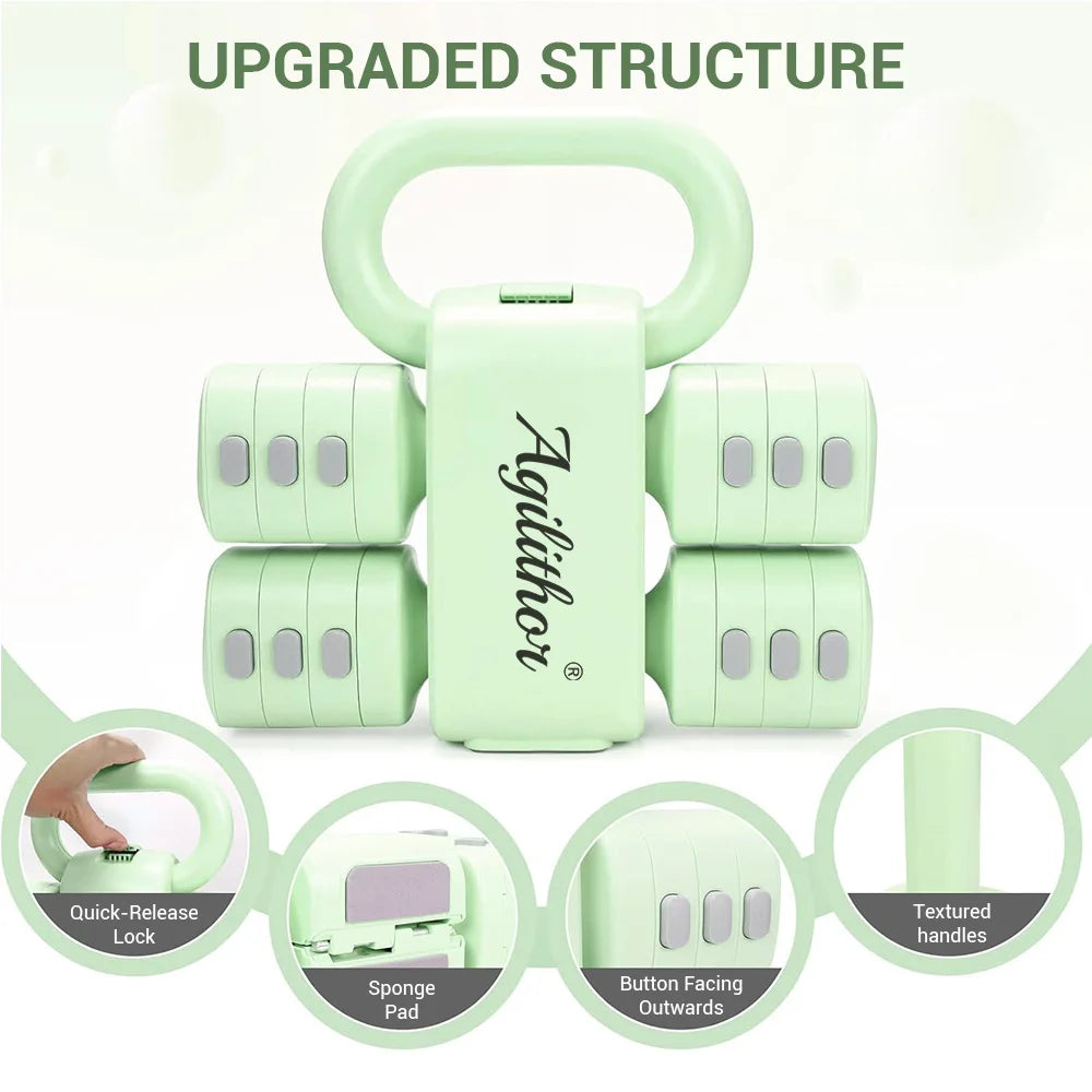Agilithor Apple Green Adjustable Dumbbell and Kettlebell Set 2 in 1, Each Dumbbell 1 to 2.5 kg, Kettlebell 2.5 to 5.5 kg, Home Gym Free Weights
