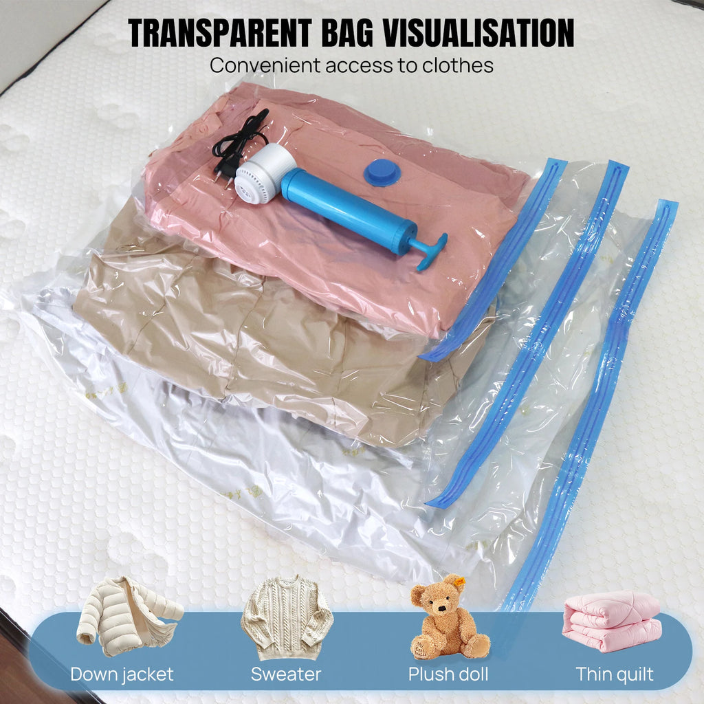 Vacuum Compression Storage Bags for Clothes, 12-Pack with Electric Pump - Reusable Space Saver Bags for Travel, Duvets & Seasonal Storage