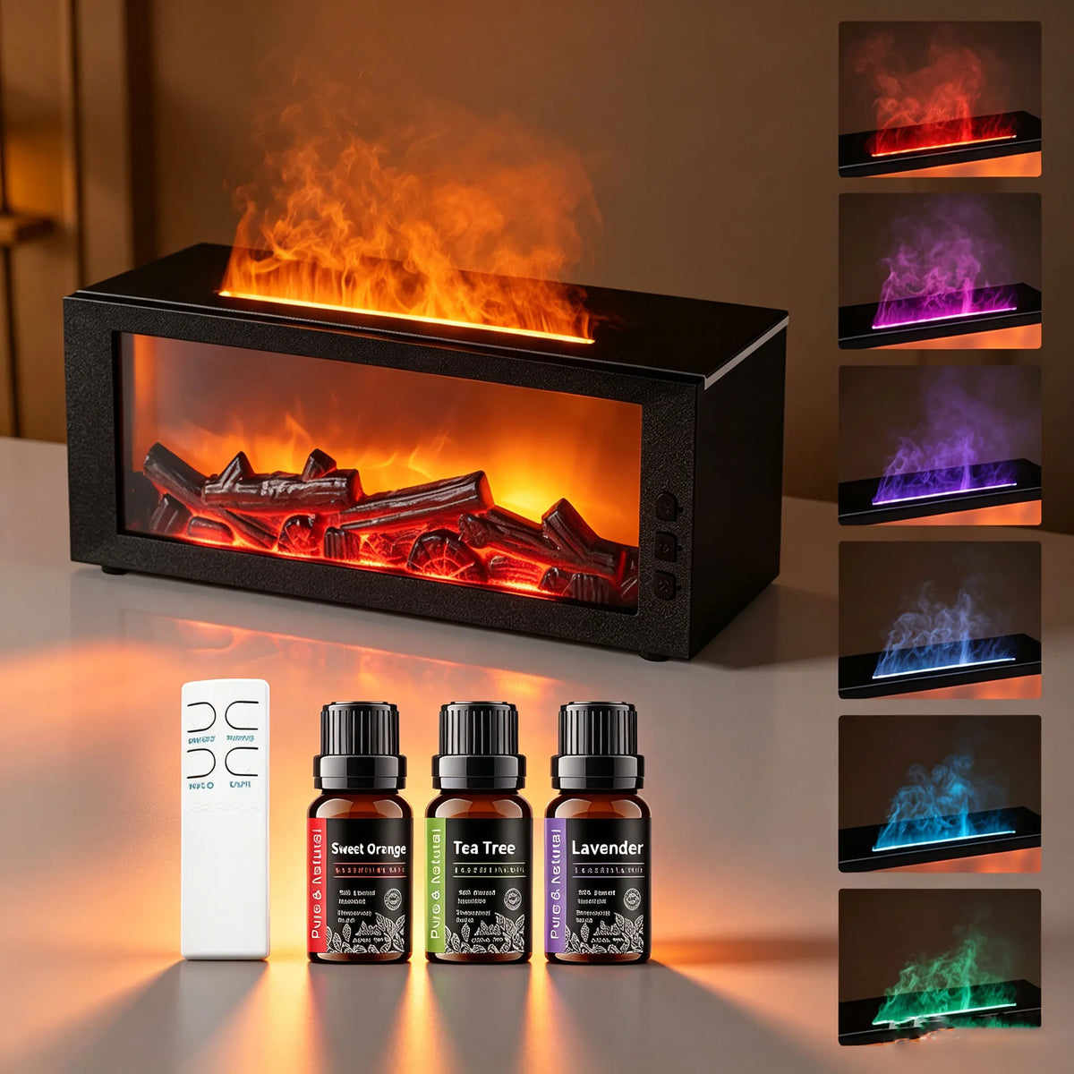 Humidifier with Remote Control 3-in-1 Aromatherapy diffuser Adjustable Flame 7 LED Light Cool Mist 300ml Silent Ultrasonic Technology