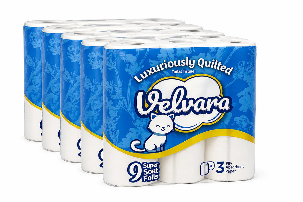 Velvara 45 Rolls 3 Ply Toilet Roll, Luxury Soft Quilted Toilet Tissue, Unscented, Strong & Lightweight, 5 Packs X 9 Rolls