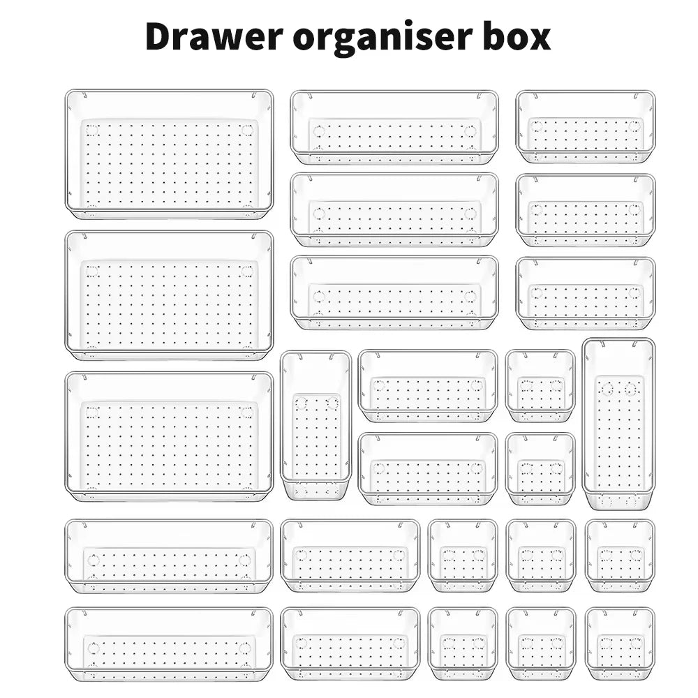 25Pcs Drawer Organiser Set, Clear Plastic Storage Trays in 4 Sizes, Stackable Desk Drawer Dividers & Makeup Organisers, Modular Space-Saving Containers for Kitchen, Bathroom, Dressing Table, Office, Fridge & Cupboard