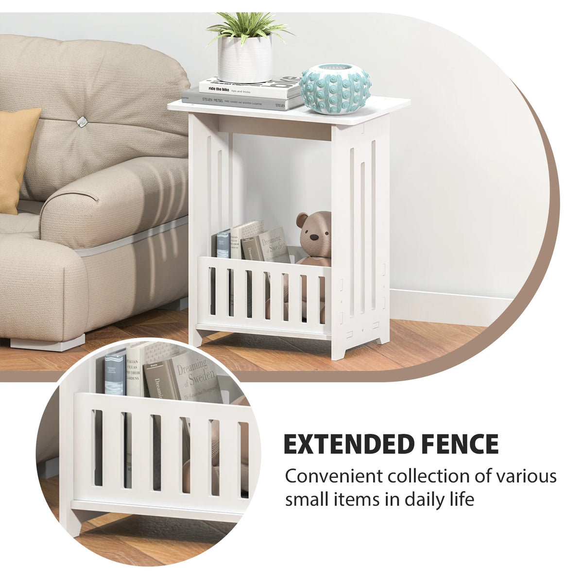 White Slim Bedside Table, Small Side End Table, Telephone Table for Small Spaces, Narrow Nightstand Wooden Sofa Side Table, Open Compartment, for Living Room, Bedroom, 22 x 34 x 40cm