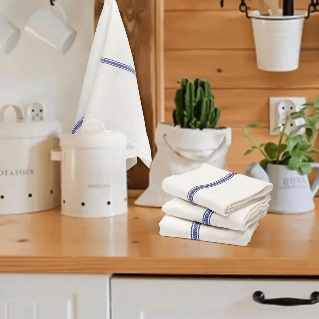10 Pack Luxury Cotton Herringbone Tea Towels with Blue Stripe | Lint-Free Kitchen Dish Cloths | Super Absorbent Glass Cleaning Towels | Reusable Kitchen Towels for Drying Dishes, Wiping Surfaces, Restaurant, Café & Home Use