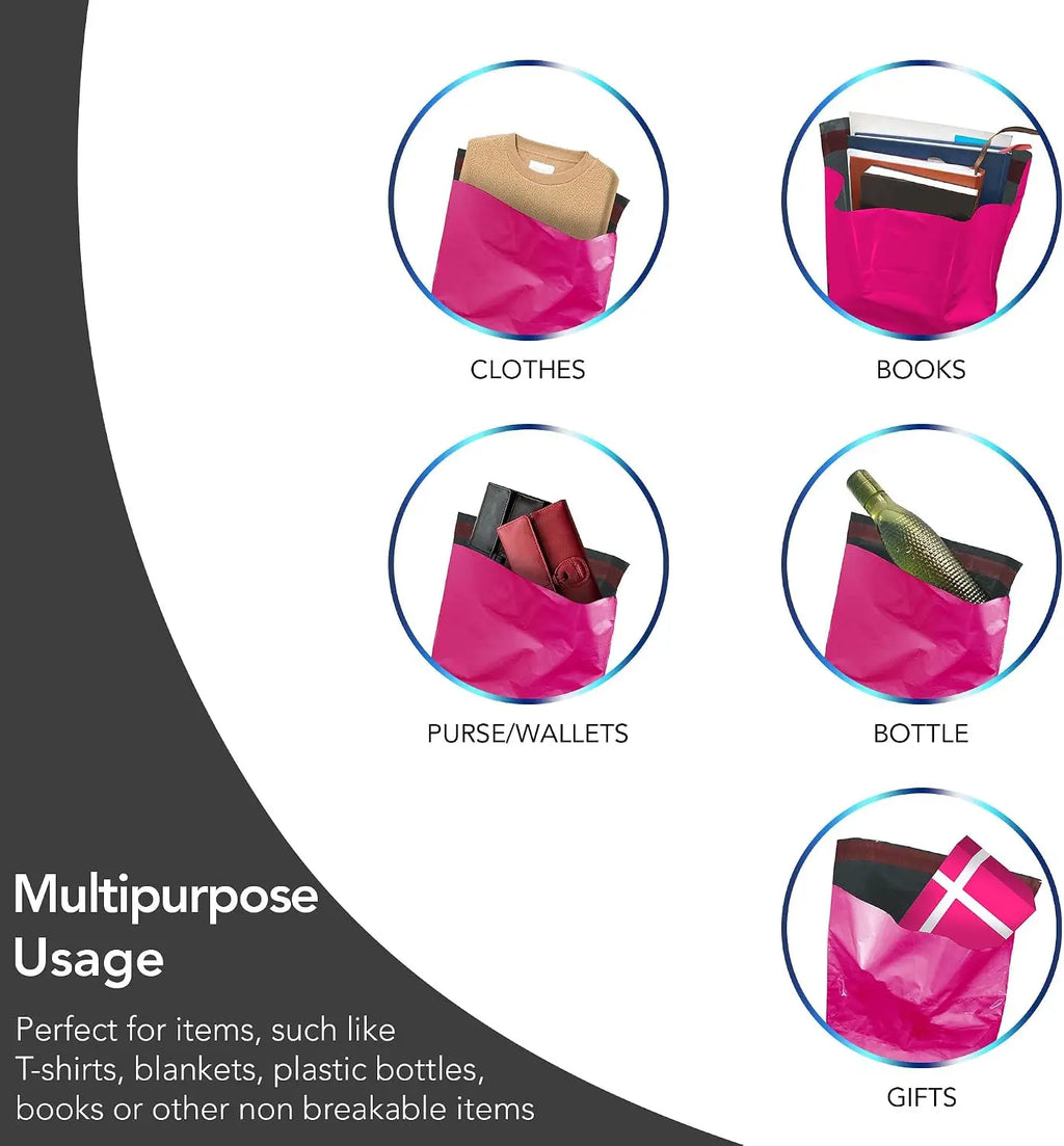 Hot Pink Mailing Bags 2SZ 100 Bags, 25 From Each Poly Postal Envelopes with Secure Peel Seal, Poly Parcel Bags for Clothes, Online Orders, Retail Items, Courier Delivery & Everyday Shipping