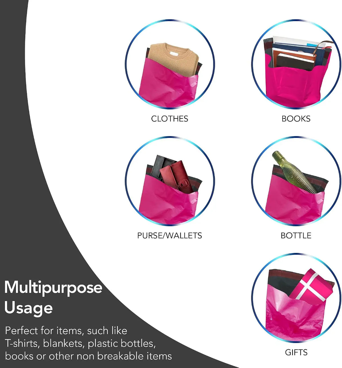 Hot Pink Mailing Bags 2SZ 100 Bags, 25 From Each Poly Postal Envelopes with Secure Peel Seal, Poly Parcel Bags for Clothes, Online Orders, Retail Items, Courier Delivery & Everyday Shipping