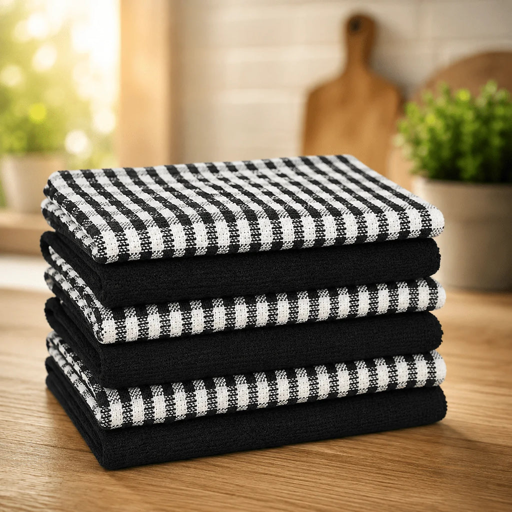 6 Pcs Cotton Mono Check Tea Towels –Premium 5 Colours, Quick Drying, Durable & Washable Kitchen Dish Cloths, Absorbent Cleaning Towels
