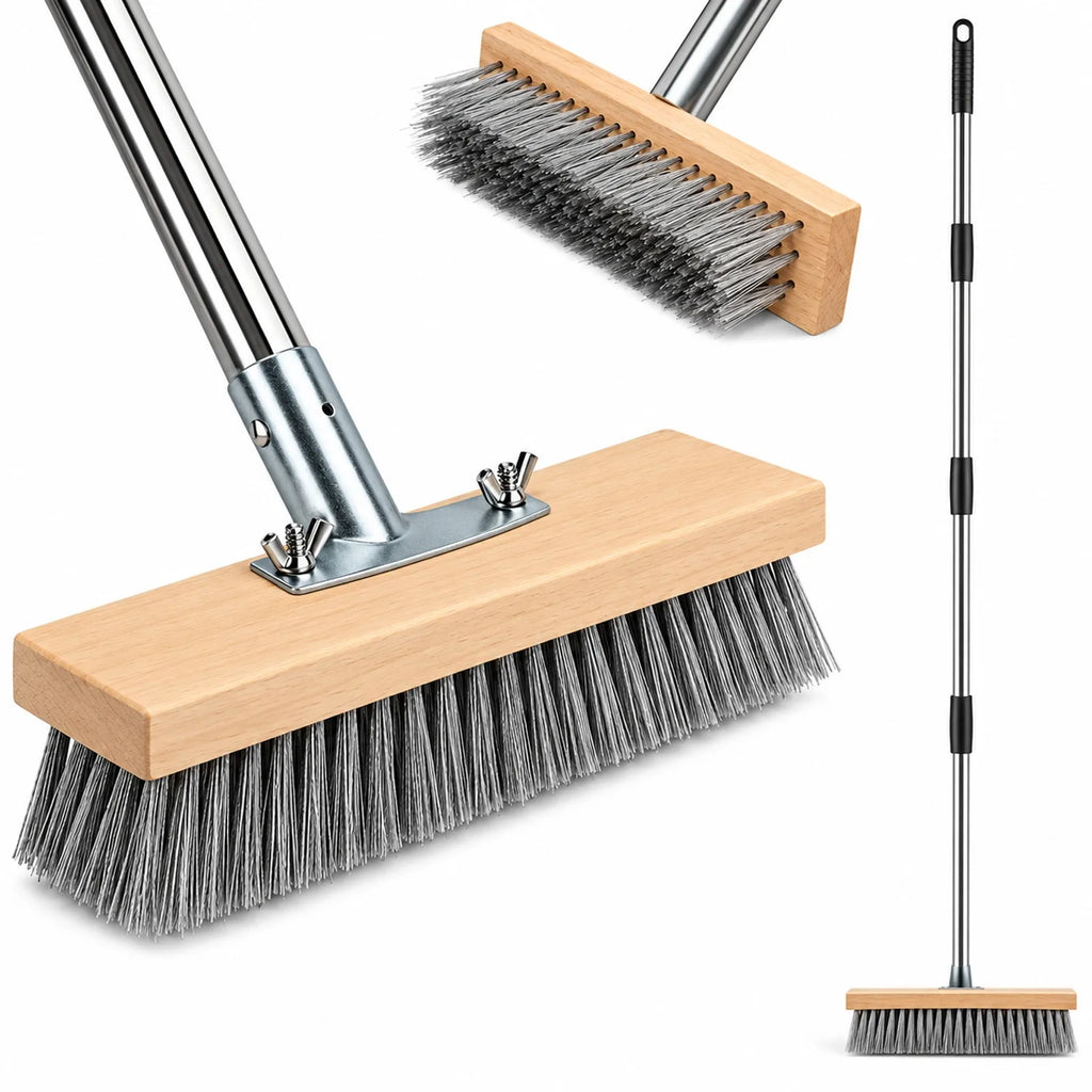 Heavy-Duty Wire Broom with Telescopic Handle(57IN), Stiff Metal Bristle Brush Removing Weed Moss Algae Outdoor Floor Scrub Brush