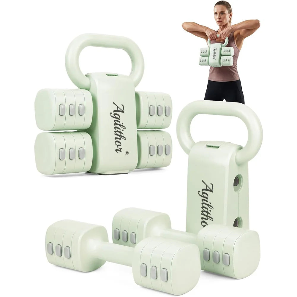 Agilithor 2 in 1 Dumbbell and Kettlebell Set, Two Adjustable Dumbbells 1 to 2.5 kg Each, 2 to 5 kg the Pair, with a Kettlebell Handle, Free Weights for Home Training
