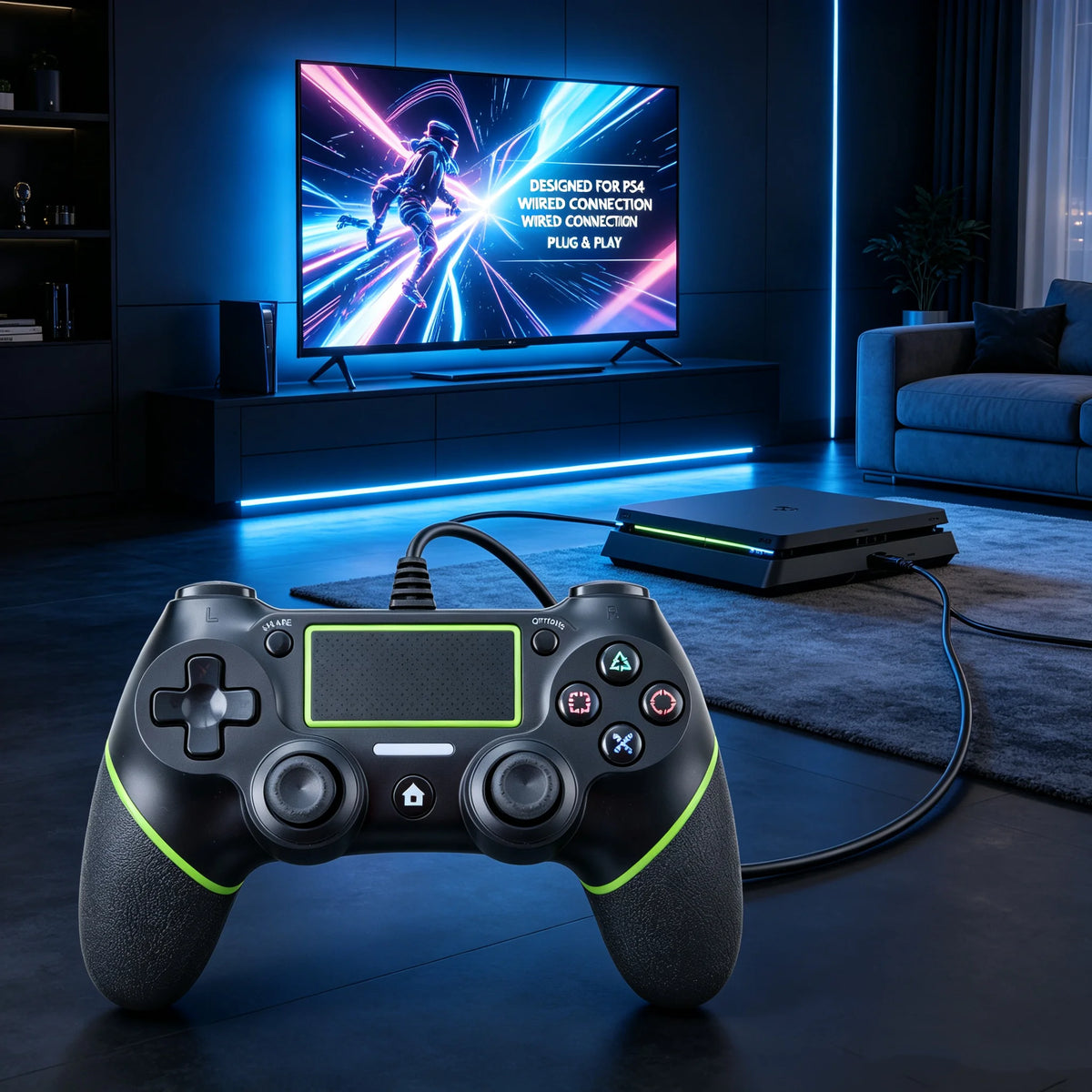 Wired Game Controller for PS4 Console, 17‑Button Gamepad with 1.4M USB Cable, Plug‑and‑Play Ergonomic Textured Grip