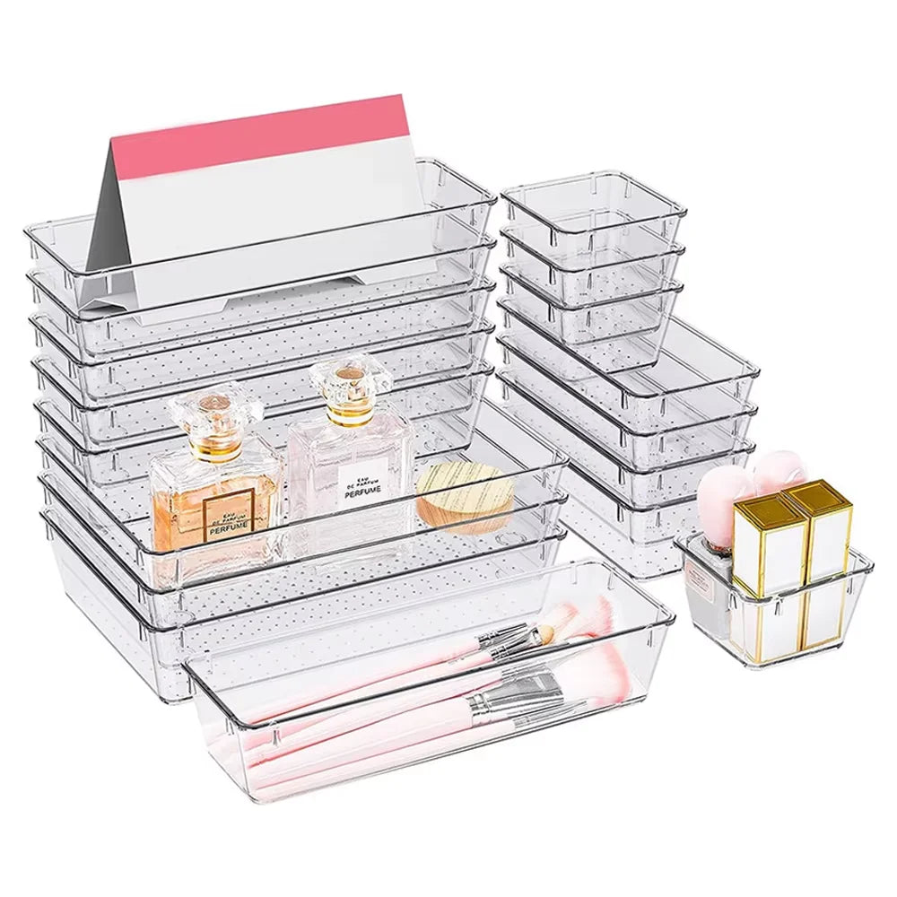 25Pcs Drawer Organiser Set, Clear Plastic Storage Trays in 4 Sizes, Stackable Desk Drawer Dividers & Makeup Organisers, Modular Space-Saving Containers for Kitchen, Bathroom, Dressing Table, Office, Fridge & Cupboard