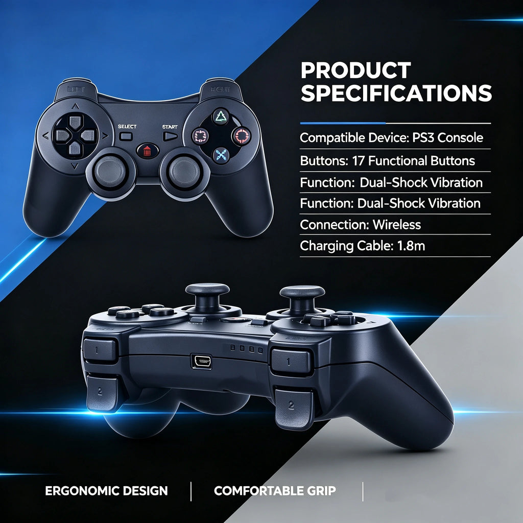 Wireless Game Controller for PS3 Console, 17‑Button Gamepad with Dual‑Shock Vibration, 1.8M Charging Cable, Ergonomic Design