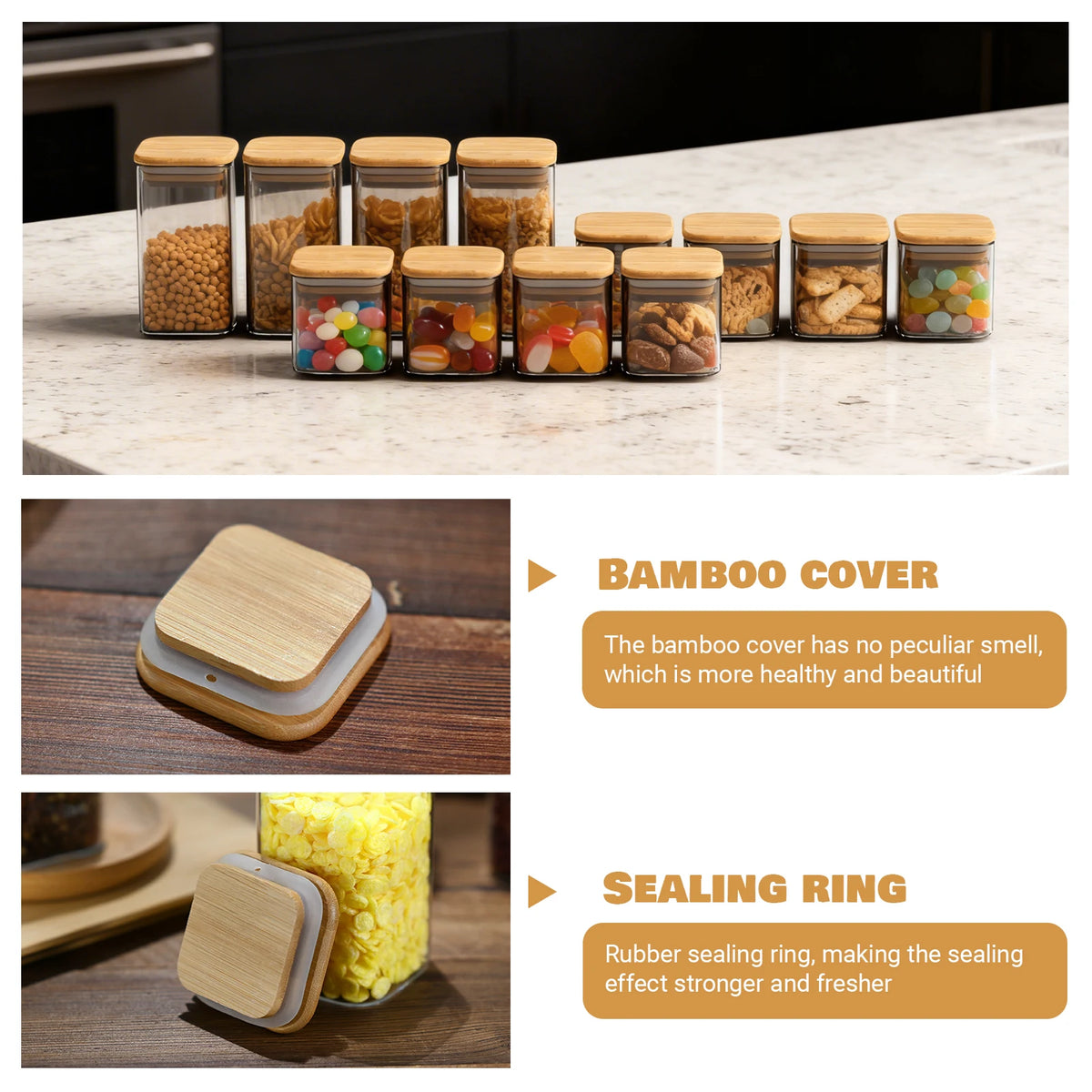 Gcirn 12-Piece Spice Jar Set（430ml*8+750ml*4）, Square Wooden Lids, Spice Jar Set, Storage Jars, Spice Dispensers with Lids, Empty Spice Containers, Spice Organiser for Storing Spices, Sweets and Teas