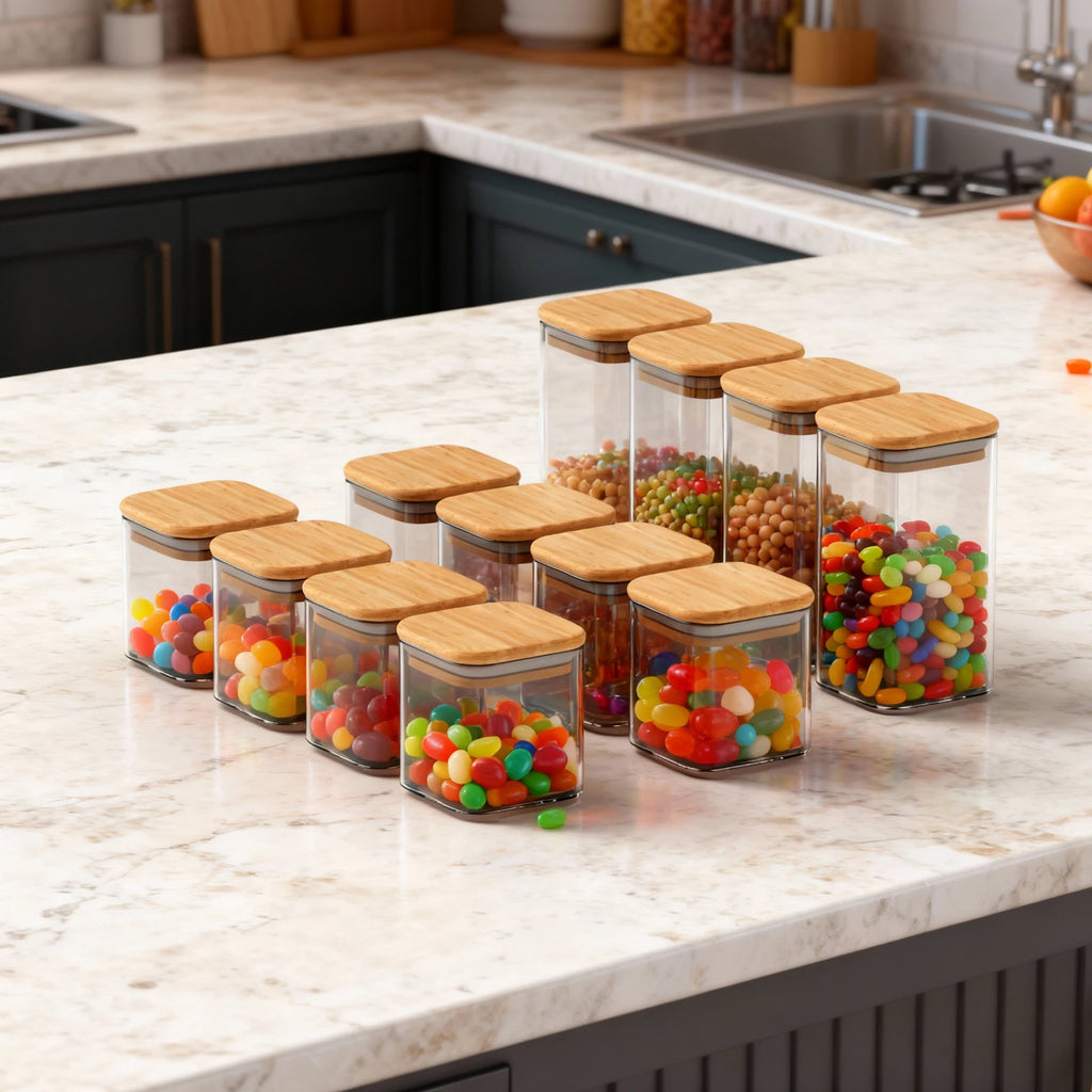 Gcirn 12-Piece Spice Jar Set（430ml*8+750ml*4）, Square Wooden Lids, Spice Jar Set, Storage Jars, Spice Dispensers with Lids, Empty Spice Containers, Spice Organiser for Storing Spices, Sweets and Teas