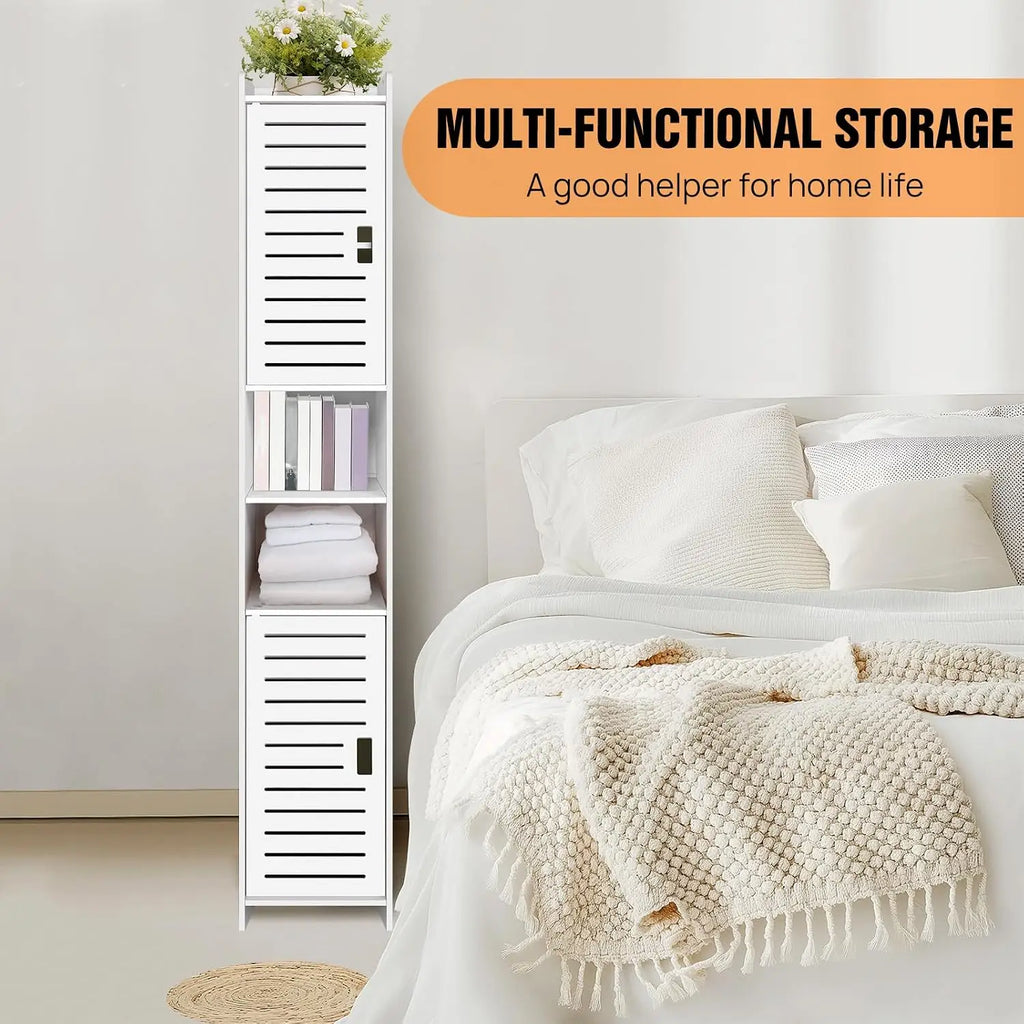 Tall Slim Bathroom Storage Cabinet, White Freestanding Floor Cabinet, Narrow Organizer Unit with 2 Doors, Space-Saving Design for Bathroom Living Room Kitchen Office Entryway Toilet