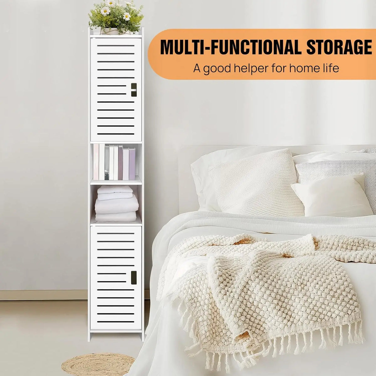 Tall Slim Bathroom Storage Cabinet, White Freestanding Floor Cabinet, Narrow Organizer Unit with 2 Doors, Space-Saving Design for Bathroom Living Room Kitchen Office Entryway Toilet