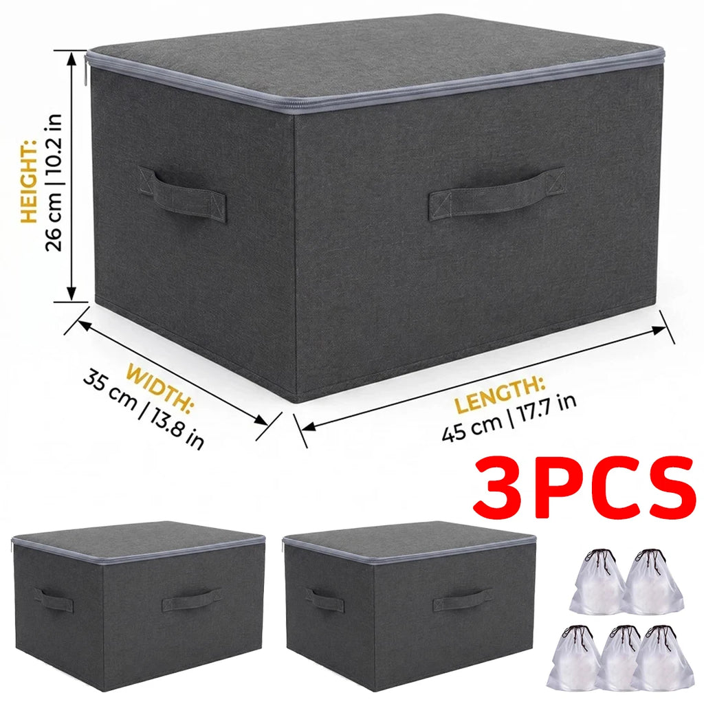 3PCS Large Foldable Canvas Storage Boxes Folding Fabric Clothes Baskets with Lid