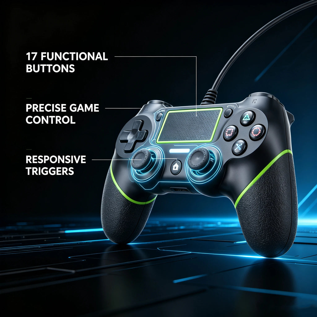 Wired Game Controller for PS4 Console, 17‑Button Gamepad with 1.4M USB Cable, Plug‑and‑Play Ergonomic Textured Grip