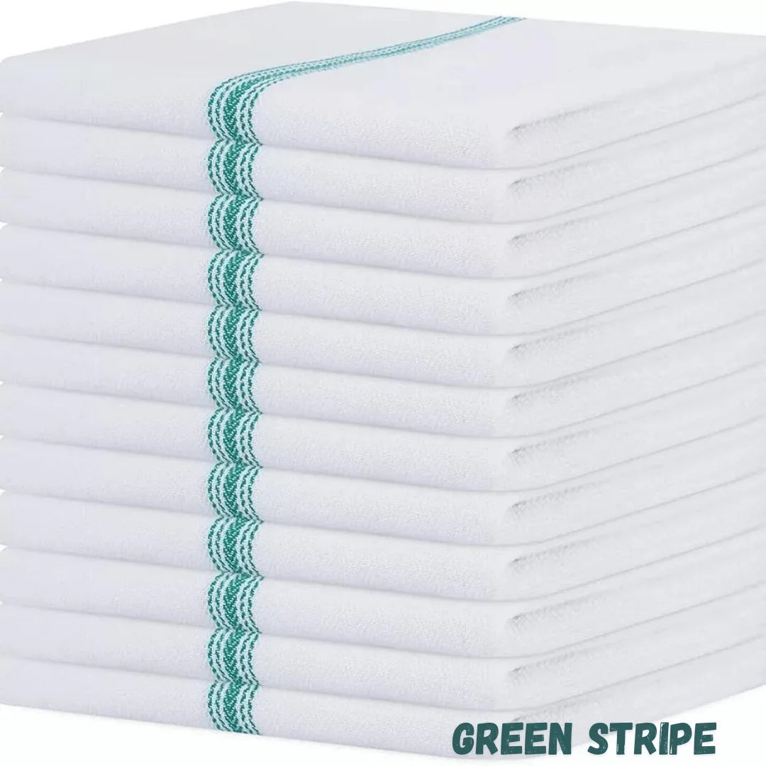 10 Pack Luxury Cotton Herringbone Tea Towels with Blue Stripe | Lint-Free Kitchen Dish Cloths | Super Absorbent Glass Cleaning Towels | Reusable Kitchen Towels for Drying Dishes, Wiping Surfaces, Restaurant, Café & Home Use