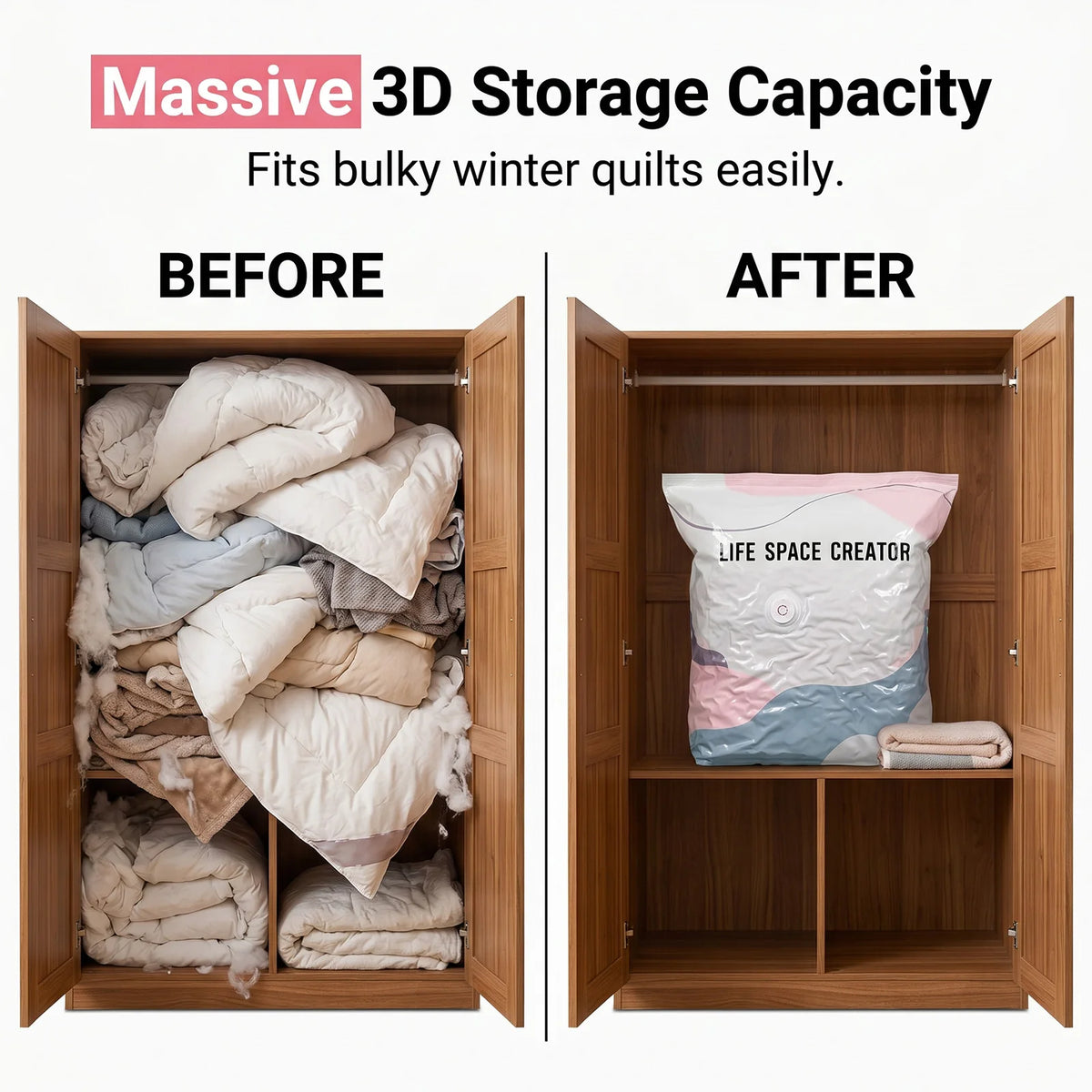 No-Pump Vacuum Storage Bags, Thickened PA+PE Airtight Compression Bags, Save 80% Space, Reusable Moisture & Mildew Proof Organizer for Clothes, Bedding, Pillows, Travel & Home Storage