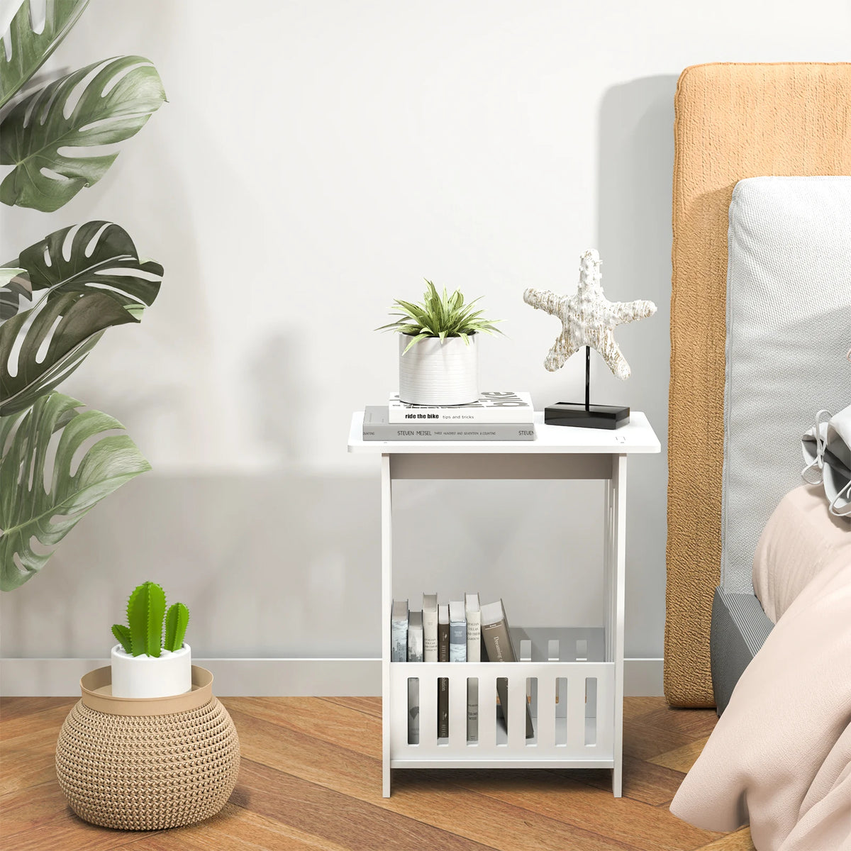 White Slim Bedside Table, Small Side End Table, Telephone Table for Small Spaces, Narrow Nightstand Wooden Sofa Side Table, Open Compartment, for Living Room, Bedroom, 22 x 34 x 40cm