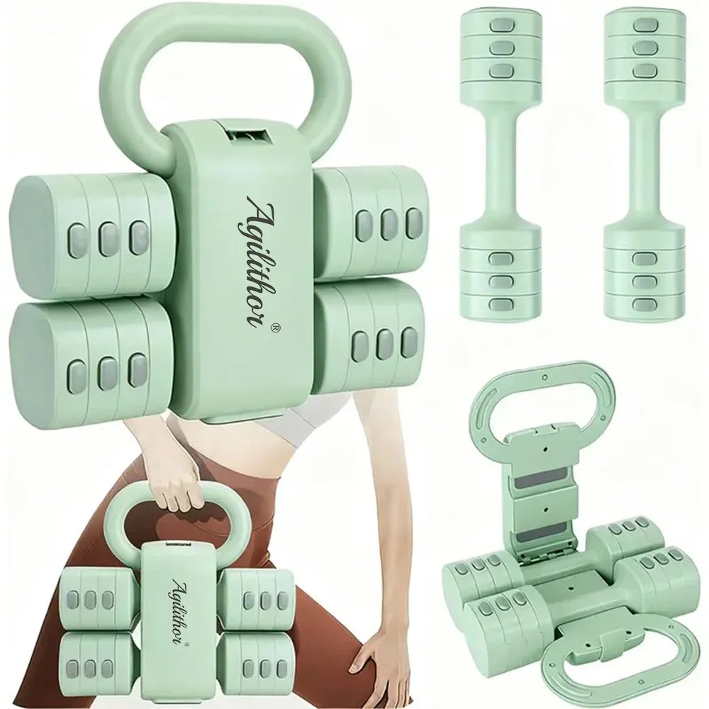 Agilithor Apple Green Adjustable Dumbbell and Kettlebell Set 2 in 1, Each Dumbbell 1 to 2.5 kg, Kettlebell 2.5 to 5.5 kg, Home Gym Free Weights