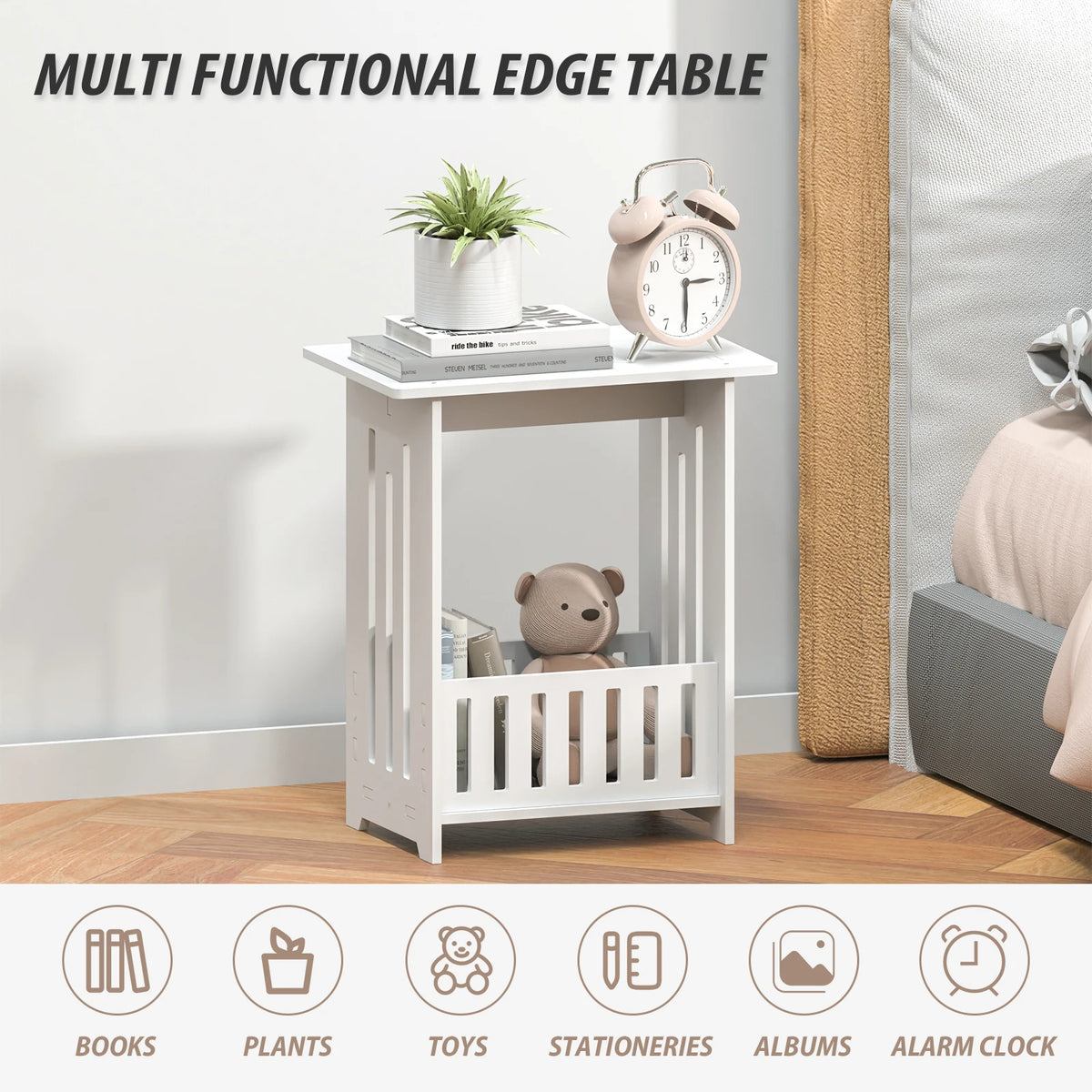 White Slim Bedside Table, Small Side End Table, Telephone Table for Small Spaces, Narrow Nightstand Wooden Sofa Side Table, Open Compartment, for Living Room, Bedroom, 22 x 34 x 40cm