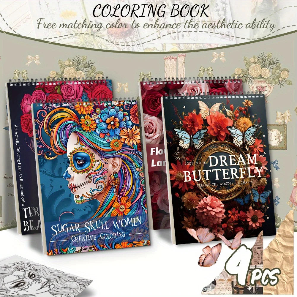 4pcs beauty, flower world and butterfly as the theme of the coloring book, delicate design, rich and interesting content, vivid
