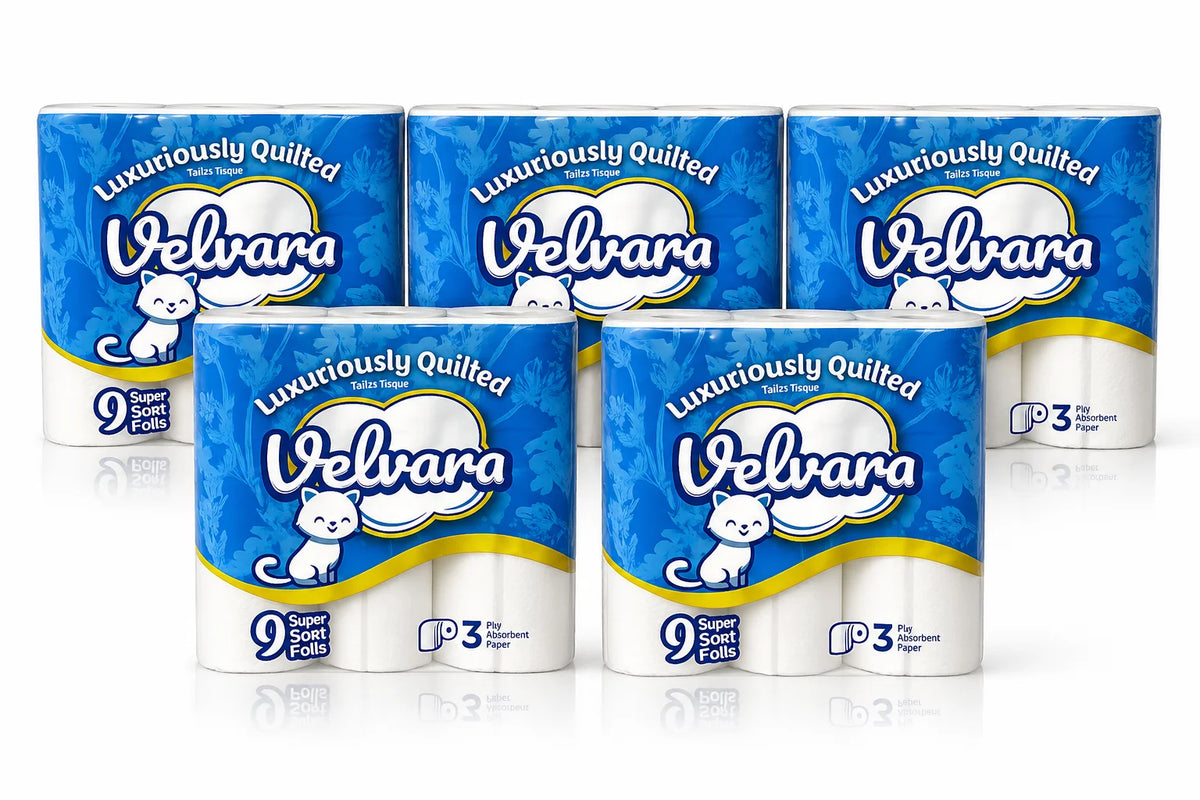 Velvara 45 Rolls 3 Ply Toilet Roll, Luxury Soft Quilted Toilet Tissue, Unscented, Strong & Lightweight, 5 Packs X 9 Rolls