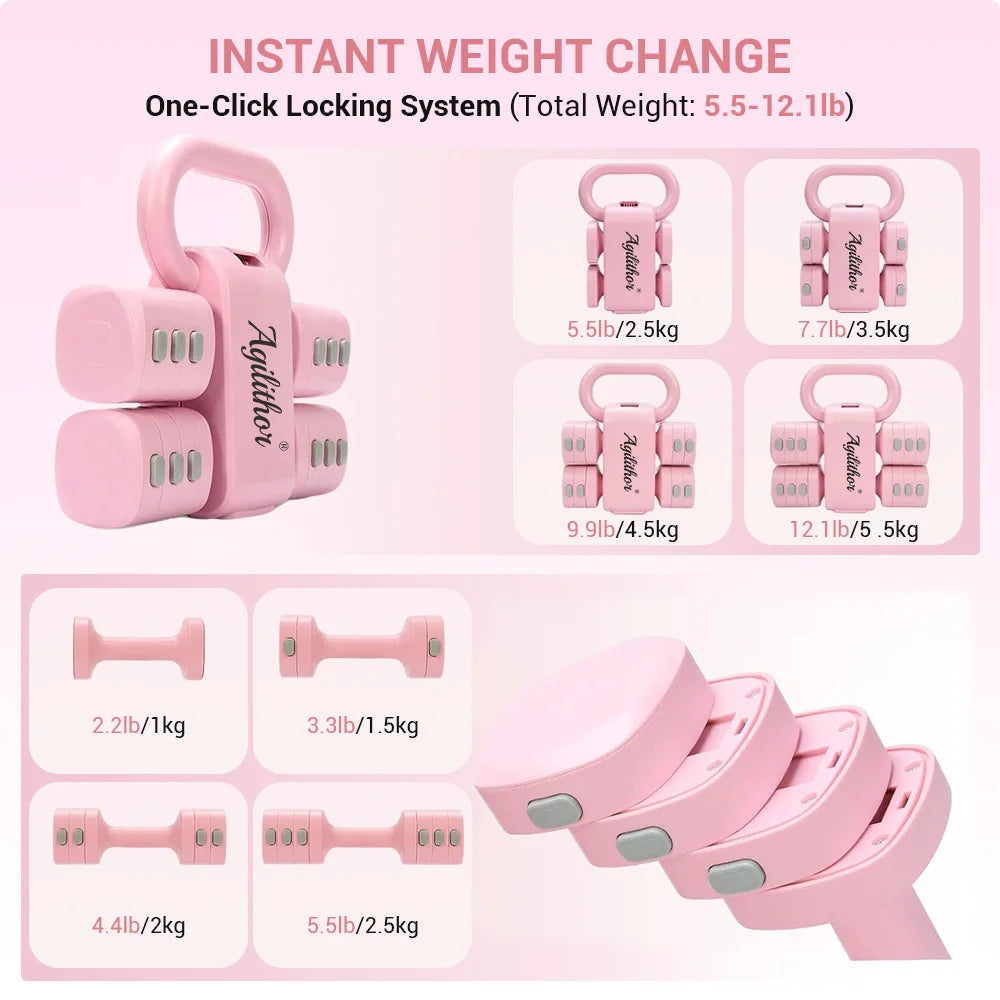 Agilithor 2 in 1 Dumbbell and Kettlebell Set, Two Adjustable Dumbbells 1 to 2.5 kg Each, 2 to 5 kg the Pair, with a Kettlebell Handle, Free Weights for Home Training