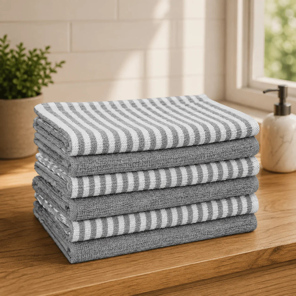 6 Pcs Cotton Mono Check Tea Towels –Premium 5 Colours, Quick Drying, Durable & Washable Kitchen Dish Cloths, Absorbent Cleaning Towels