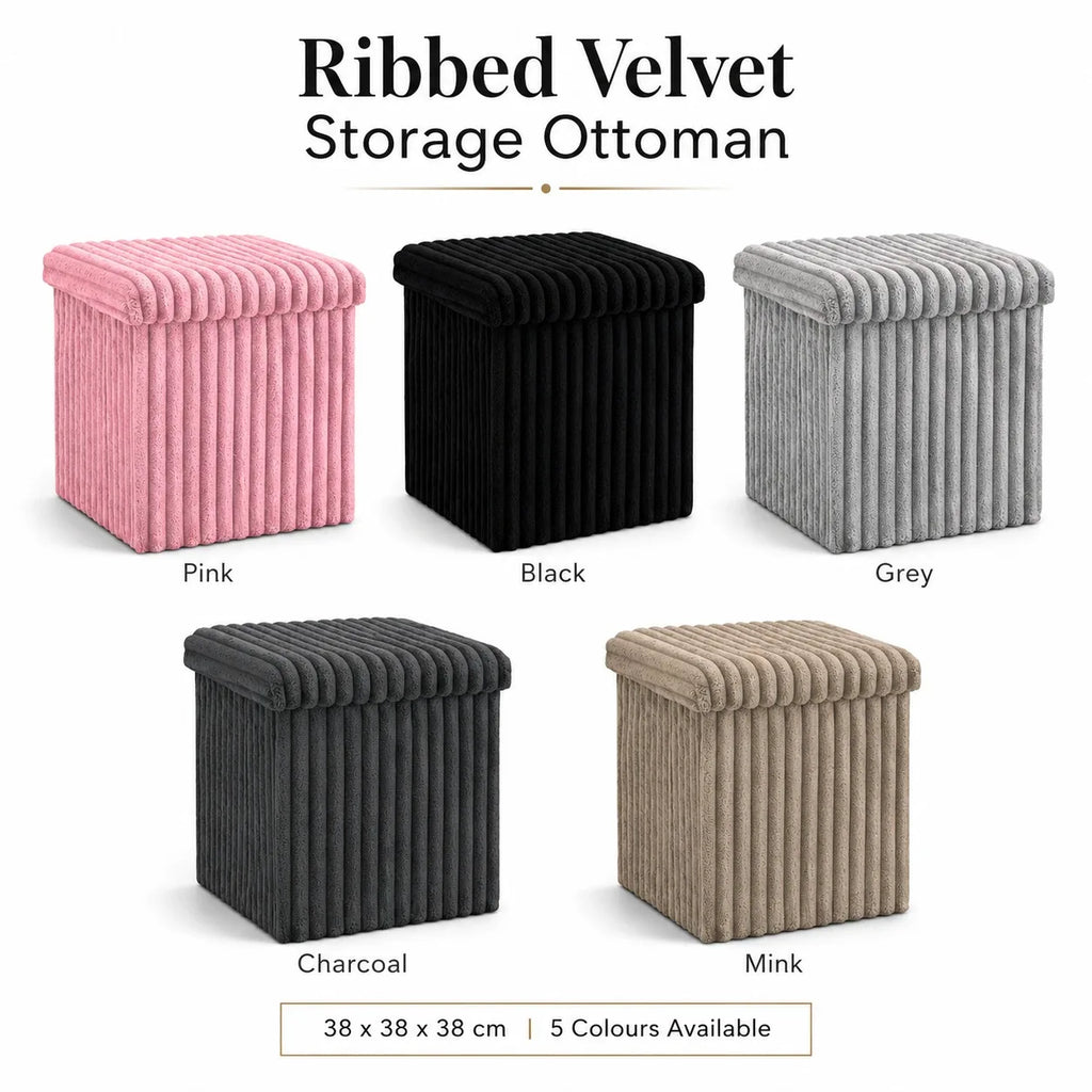 Ribbed Velvet Storage Ottoman Box Foldable Storage Bench with Lid Multi Purpose Footstool Seat