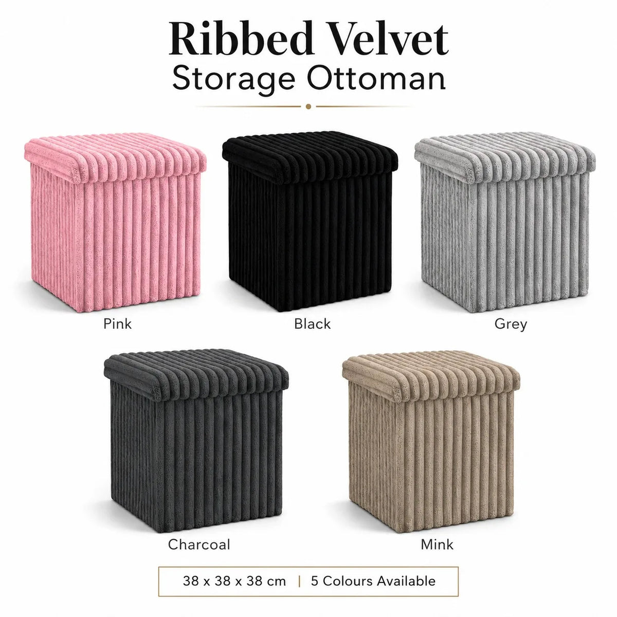 Ribbed Velvet Storage Ottoman Box Foldable Storage Bench with Lid Multi Purpose Footstool Seat