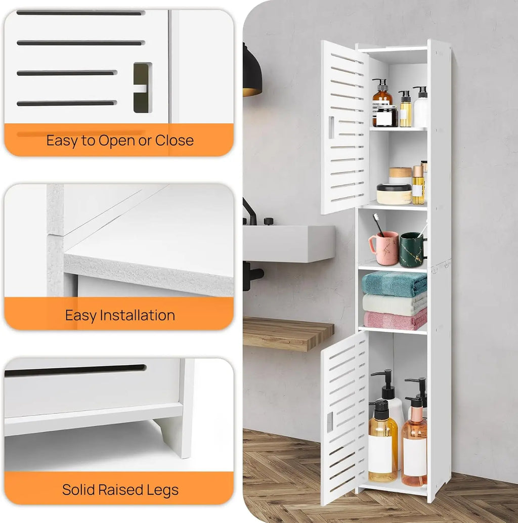 Tall Slim Bathroom Storage Cabinet, White Freestanding Floor Cabinet, Narrow Organizer Unit with 2 Doors, Space-Saving Design for Bathroom Living Room Kitchen Office Entryway Toilet