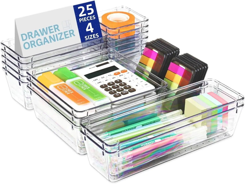 25Pcs Drawer Organiser Set, Clear Plastic Storage Trays in 4 Sizes, Stackable Desk Drawer Dividers & Makeup Organisers, Modular Space-Saving Containers for Kitchen, Bathroom, Dressing Table, Office, Fridge & Cupboard