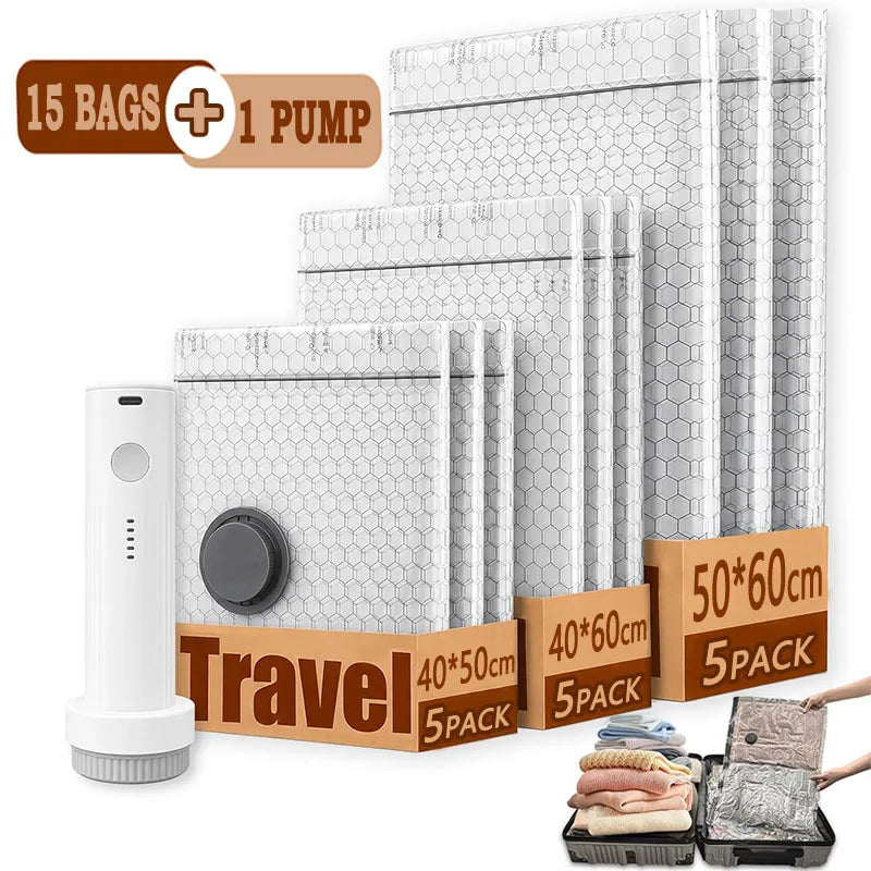 15 Vacuum Storage Bags, 6/9/15 Bags with Electric Air Pump, Wireless Electric Pump Space-Saving Storage Bags, Suitable for Travel and Home Use