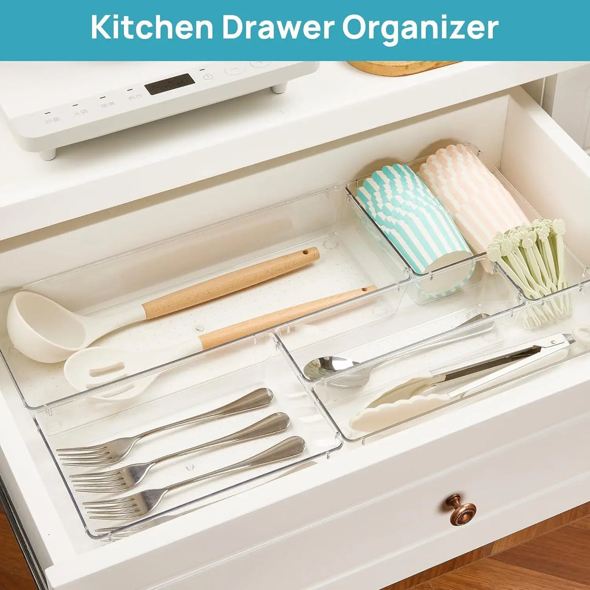 25Pcs Drawer Organiser Set, Clear Plastic Storage Trays in 4 Sizes, Stackable Desk Drawer Dividers & Makeup Organisers, Modular Space-Saving Containers for Kitchen, Bathroom, Dressing Table, Office, Fridge & Cupboard