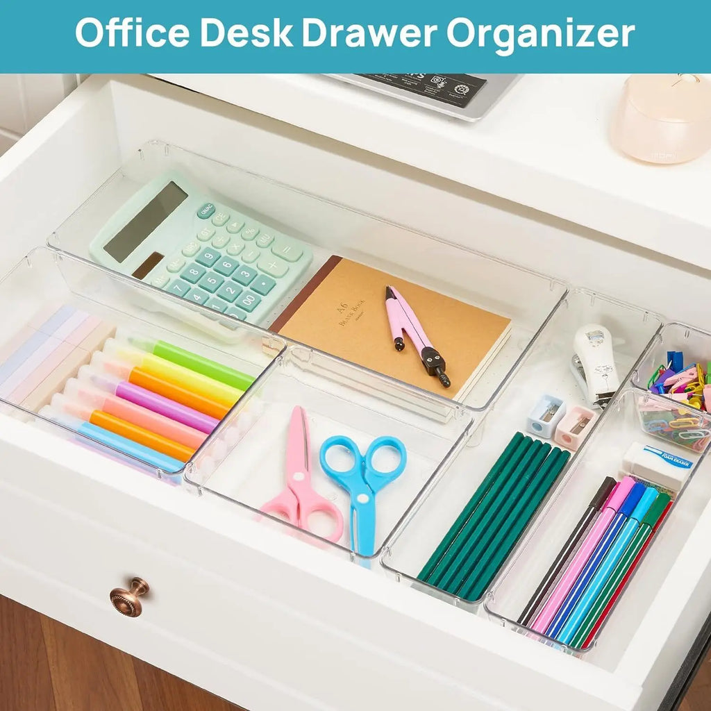 25Pcs Drawer Organiser Set, Clear Plastic Storage Trays in 4 Sizes, Stackable Desk Drawer Dividers & Makeup Organisers, Modular Space-Saving Containers for Kitchen, Bathroom, Dressing Table, Office, Fridge & Cupboard