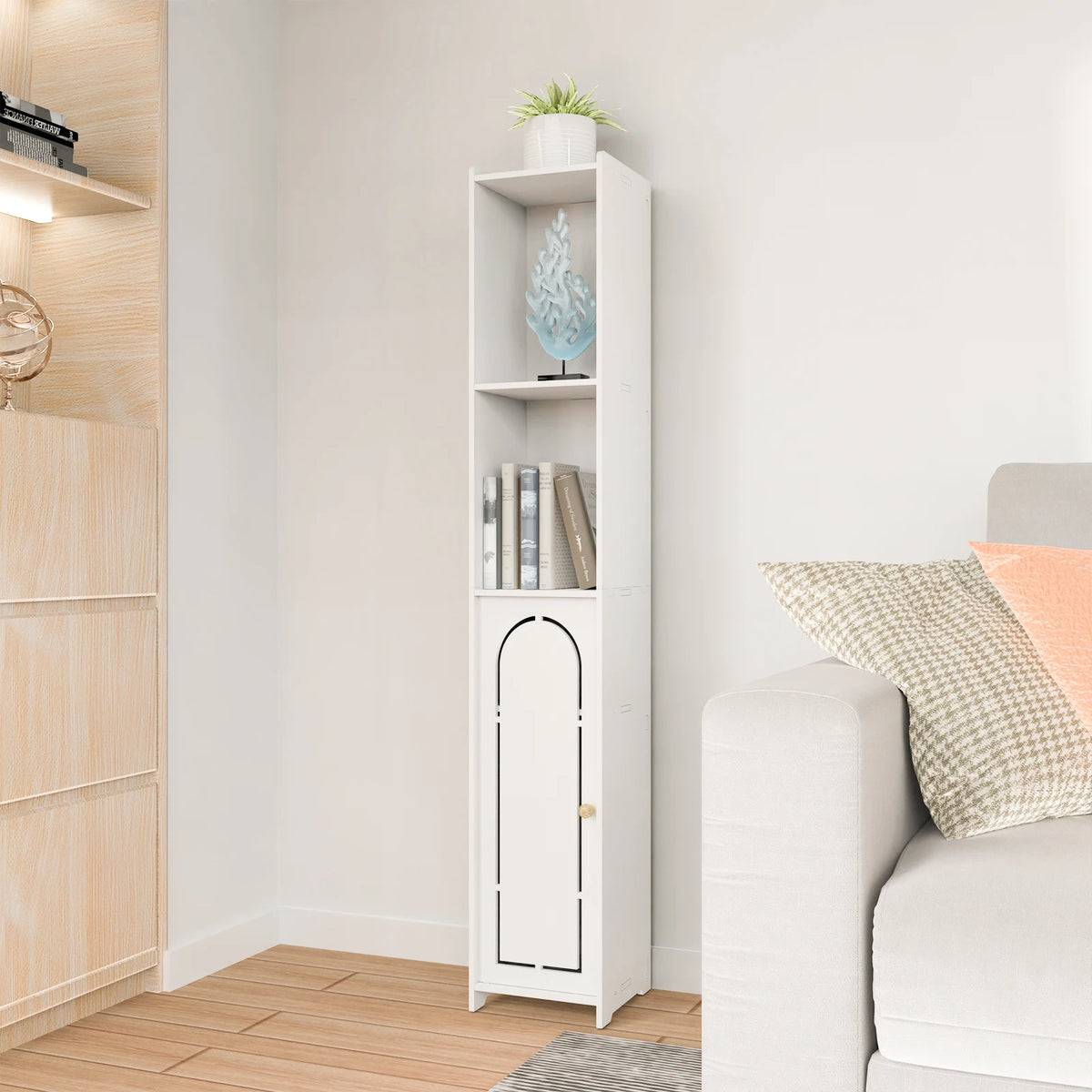 Bathroom Tall Cabinet, Freestanding Storage Cupboard in White, Multipurpose Waterproof Slim High Floor Cabinet for Living Room Kitchen Hallway