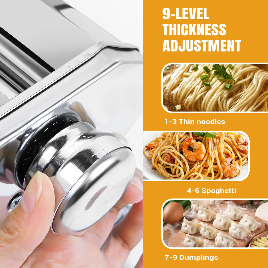Stainless Steel Manual Pasta Maker Machine, 9 Level Adjustable Thickness Settings , for Spaghetti, Fettuccini, Lasagna, Dumpling