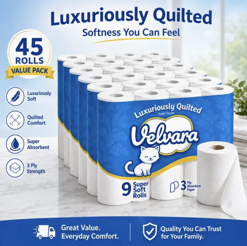 Velvara 45 Rolls 3 Ply Toilet Roll, Luxury Soft Quilted Toilet Tissue, Unscented, Strong & Lightweight, 5 Packs X 9 Rolls