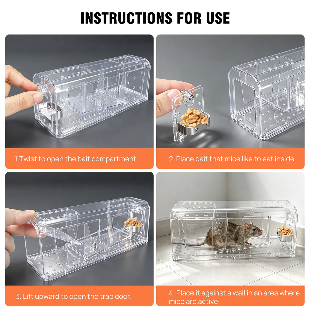 4 X Humane MOUSE Traps for Indoors and Outdoors, Duty Pest Trap for Catch Alive. Pets and Children Friendly. Reusable Rodent Mice Trap. Quick, Effective and Highly Sensitive Catcher