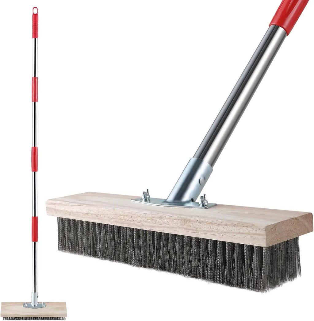 Heavy-Duty Wire Broom with Telescopic Handle(57IN), Stiff Metal Bristle Brush Removing Weed Moss Algae Outdoor Floor Scrub Brush
