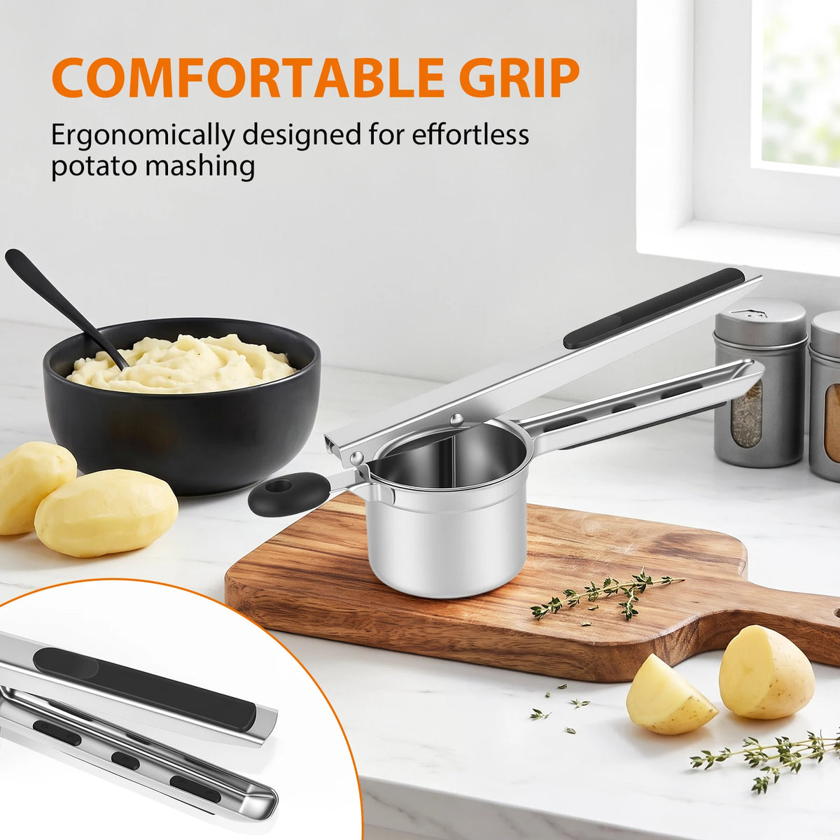 Potato Ricer Masher, Food Grade Stainless Steel Potato Ricer Press with Silicone Handle, Dishwasher Safe Fruit & Veg Press, Heavy Duty Food Press for Mashed Potatoes