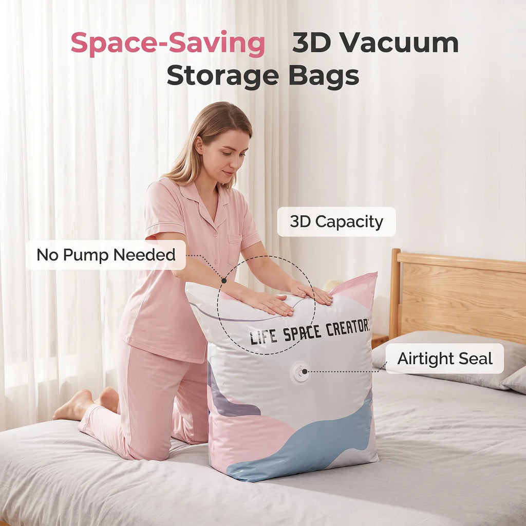 No-Pump Vacuum Storage Bags, Thickened PA+PE Airtight Compression Bags, Save 80% Space, Reusable Moisture & Mildew Proof Organizer for Clothes, Bedding, Pillows, Travel & Home Storage