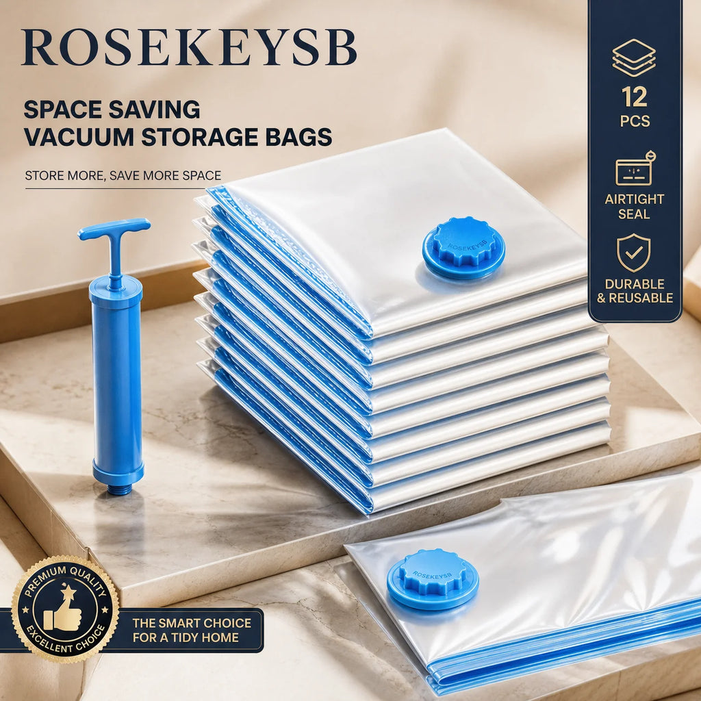 12 Pack Strong Vacuum Storage Bags, Space Saving Large Vacuum Seal Organiser Bags, Airtight Storage Bags for Clothes, Bedding, Duvets, Pillows and Household Wardrobe Organisation
