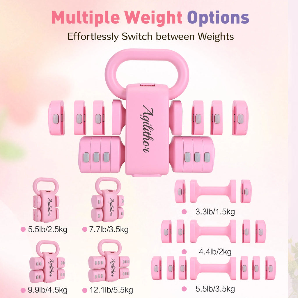 Agilithor 2 in 1 Dumbbell and Kettlebell Set, Two Adjustable Dumbbells 1 to 2.5 kg Each, 2 to 5 kg the Pair, with a Kettlebell Handle, Free Weights for Home Training