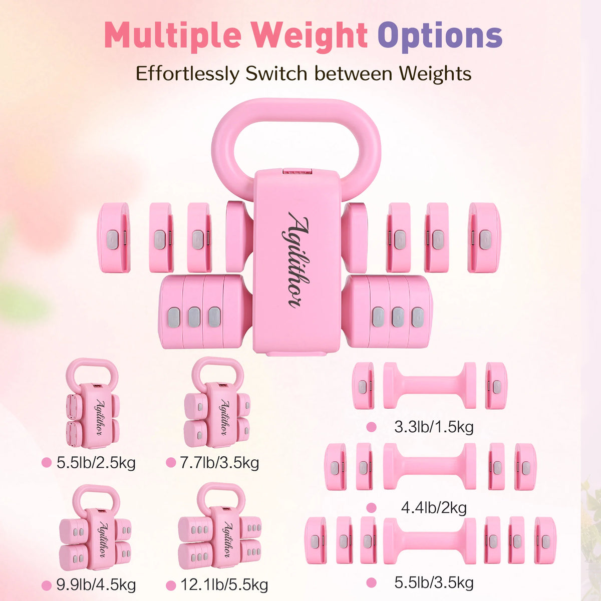 Agilithor 2 in 1 Dumbbell and Kettlebell Set, Two Adjustable Dumbbells 1 to 2.5 kg Each, 2 to 5 kg the Pair, with a Kettlebell Handle, Free Weights for Home Training