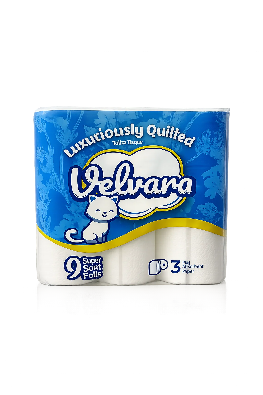 Velvara 45 Rolls 3 Ply Toilet Roll, Luxury Soft Quilted Toilet Tissue, Unscented, Strong & Lightweight, 5 Packs X 9 Rolls
